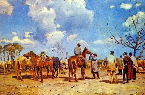 Конный торг на Волыни. Эта картина была написана в 1910 году, но во времена Кармалюка продажа лошадей выглядела примерно так же