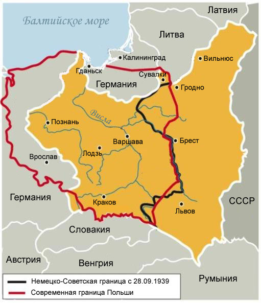 Основная территория (обозначена желтым) – Польша в границах до 1939 года. Названия городов указаны в соответствии с современной топонимикой  (фото: odkrywca.pl) 